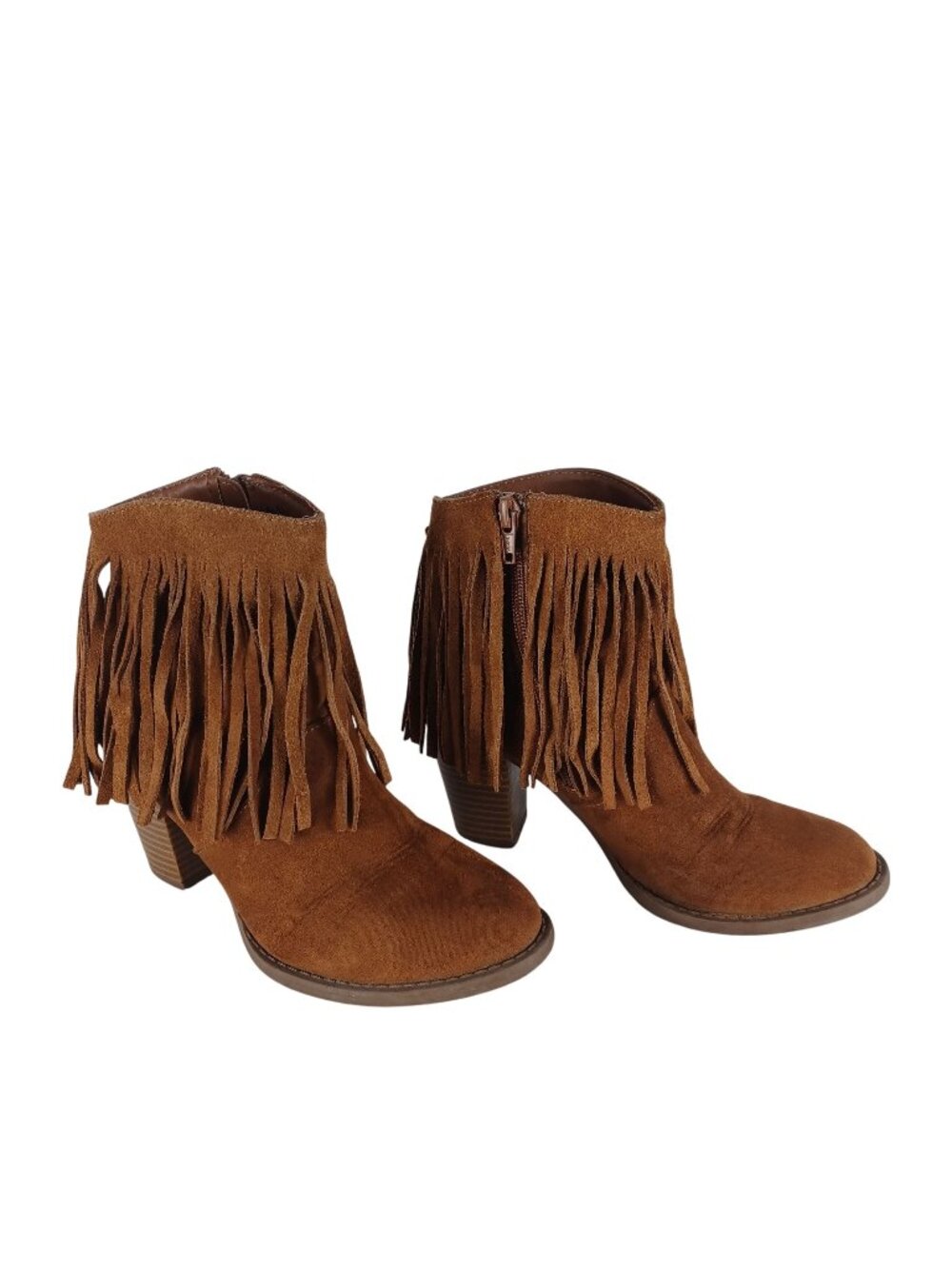 Western Brown Fringe Ankle Boots Leather Chunky Heel Side Zippers Women's Size 6